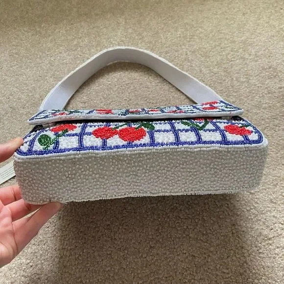 Viral Cherry Beaded Shoulder Bag NWT Navy White Red Green Summer Purse Vacation - Picture 10 of 12
